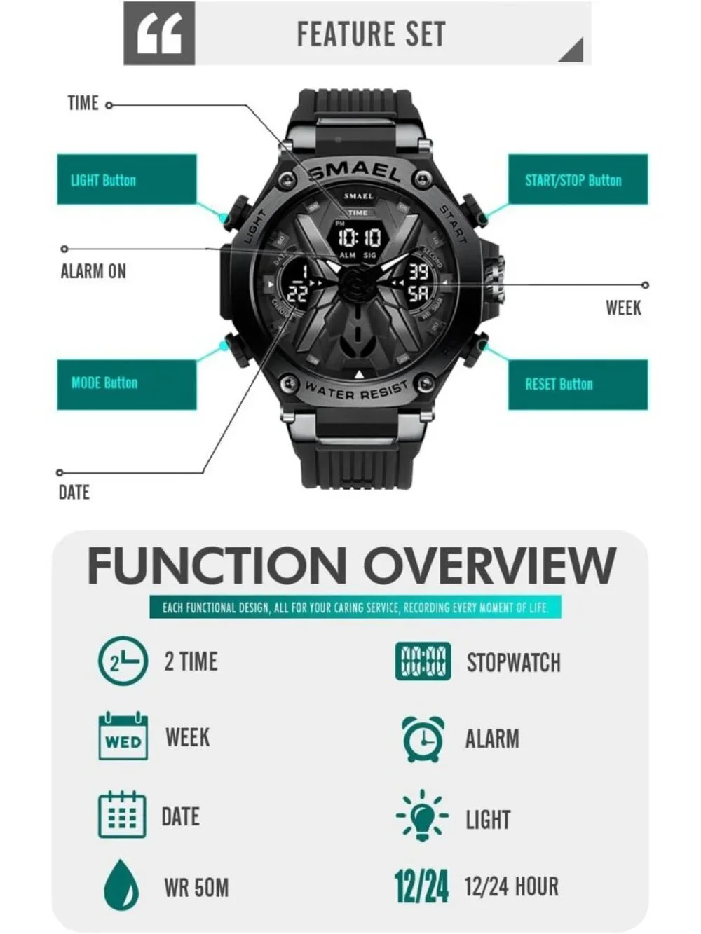 Men's Black Analog Quartz Sports Waterproof Military Alarm LED Digital Watch